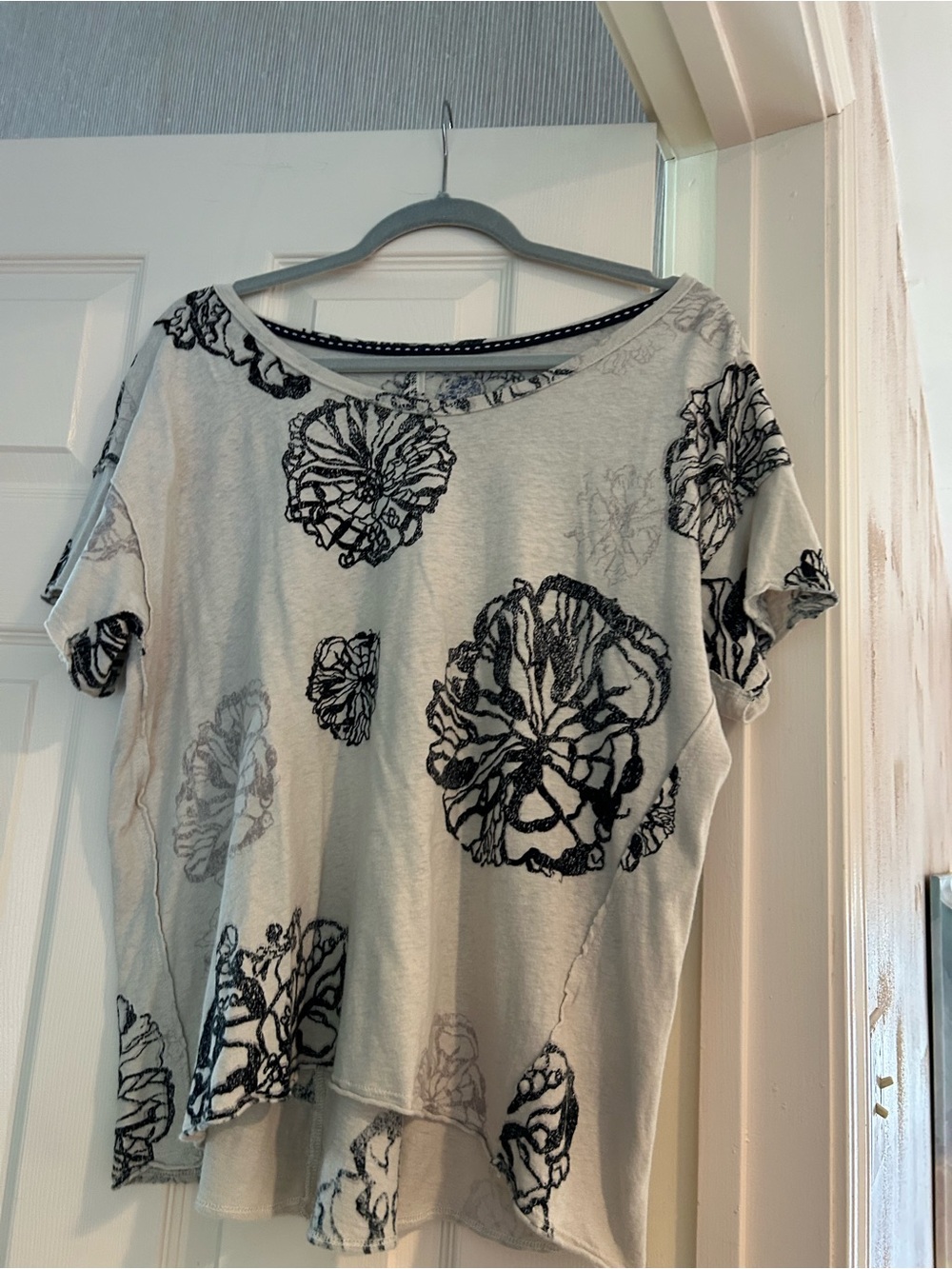 Pilcro Cream Short Sleeve Swing Tee with Black Floral Print